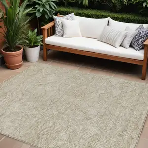Photo of Taupe And Ivory Floral Washable Indoor Outdoor Area Rug