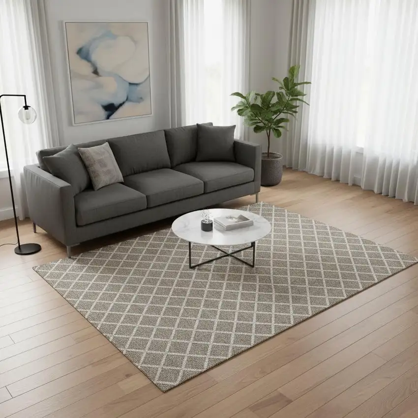 Taupe And Ivory Geometric Washable Area Rug With UV Protection Photo 1
