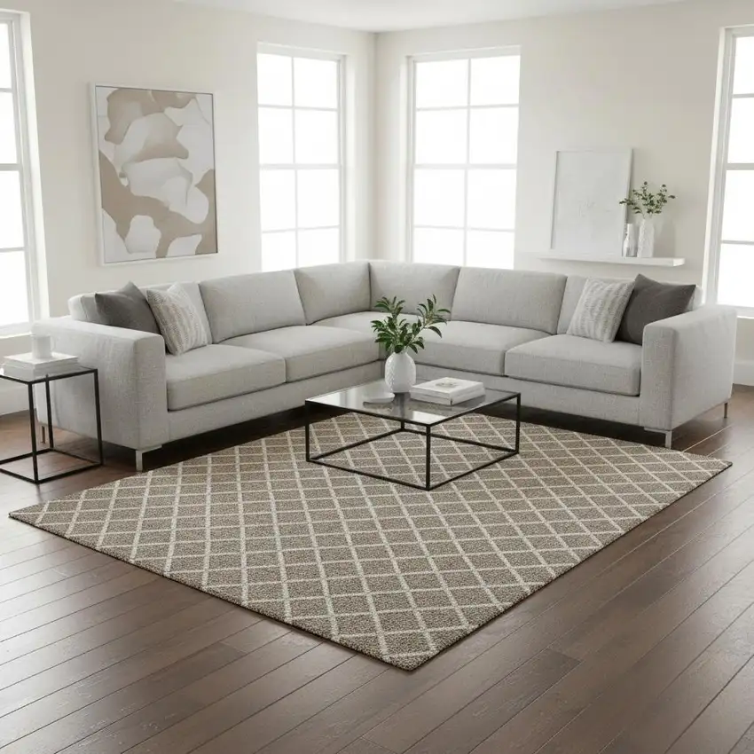 Taupe And Ivory Geometric Washable Area Rug With UV Protection Photo 1