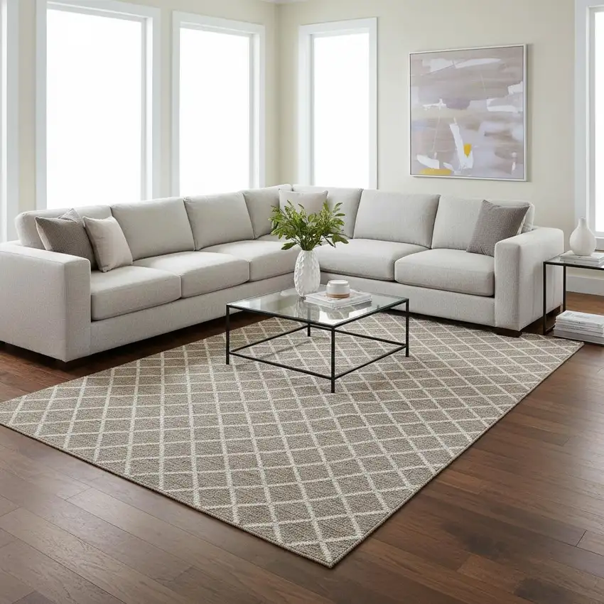 Taupe And Ivory Geometric Washable Area Rug With UV Protection Photo 1