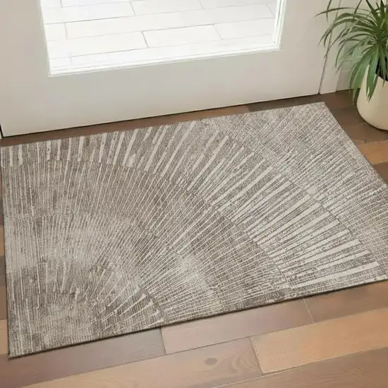 Taupe And Ivory Geometric Washable Area Rug With UV Protection Photo 1