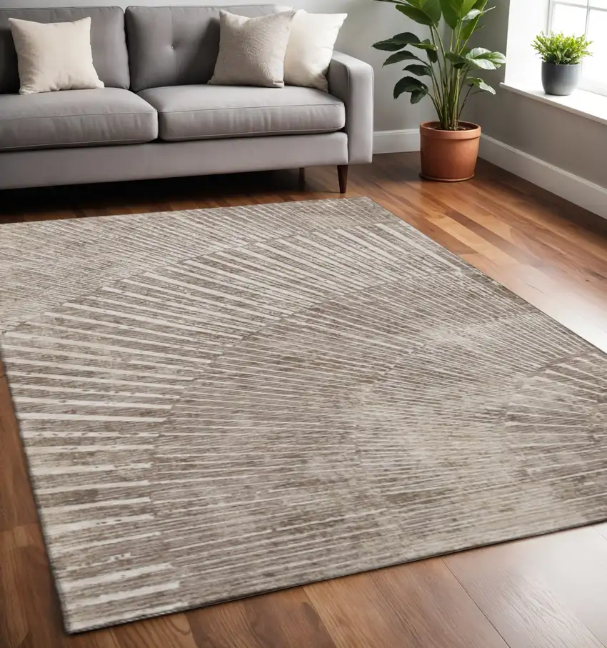 Taupe And Ivory Geometric Washable Area Rug With UV Protection Photo 2