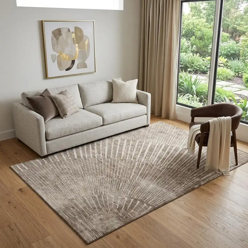 Taupe And Ivory Geometric Washable Area Rug With UV Protection Photo 1