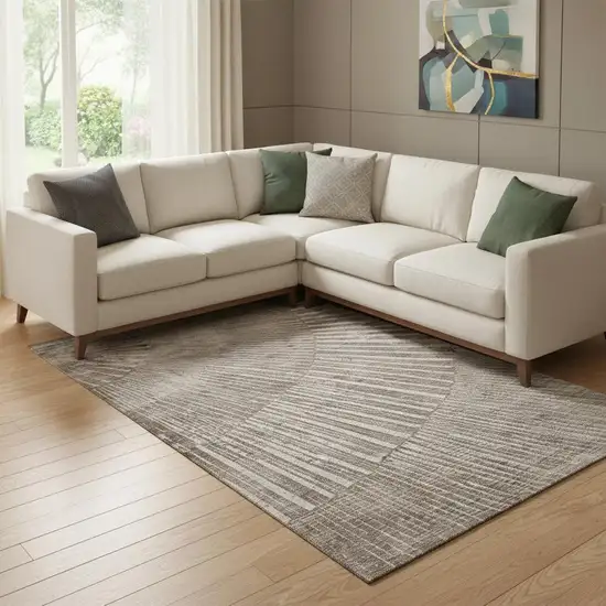 Taupe And Ivory Geometric Washable Area Rug With UV Protection Photo 1