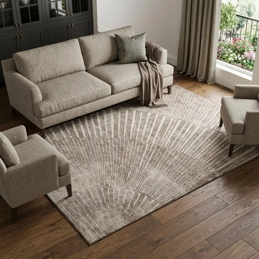 Taupe And Ivory Geometric Washable Area Rug With UV Protection Photo 1