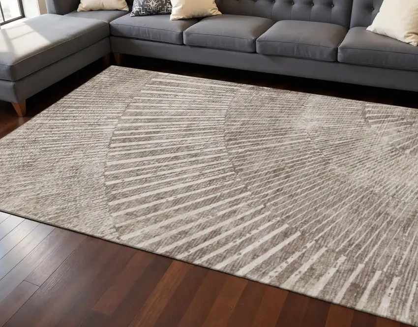 Taupe And Ivory Geometric Washable Area Rug With UV Protection Photo 2