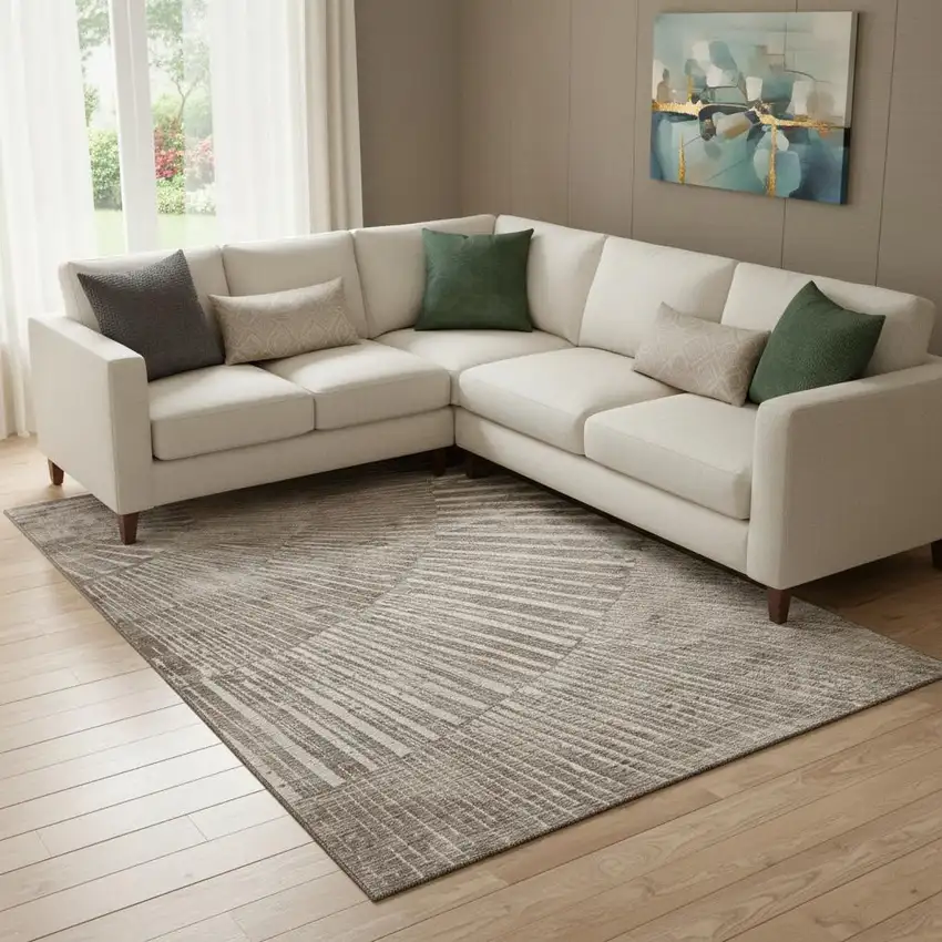 Taupe And Ivory Geometric Washable Area Rug With UV Protection Photo 1