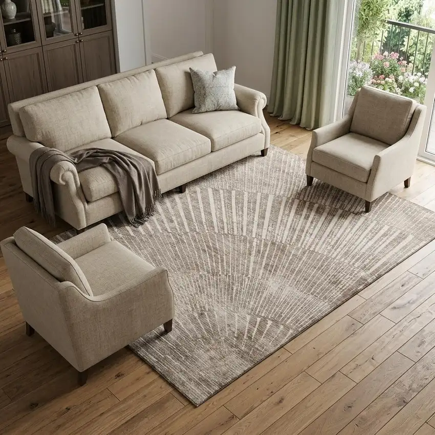 Taupe And Ivory Geometric Washable Area Rug With UV Protection Photo 1