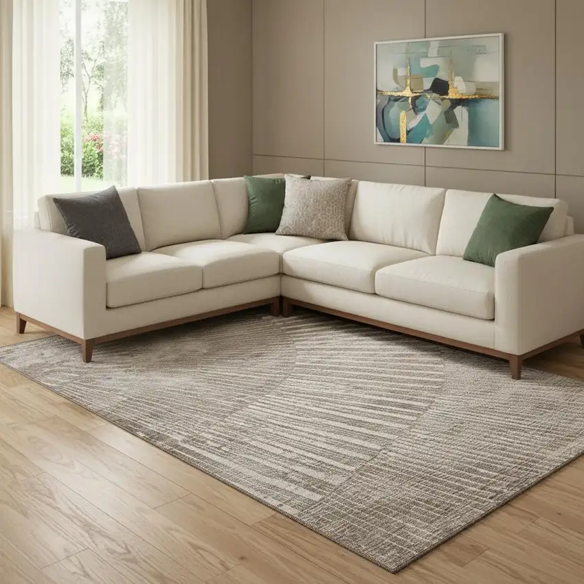 Taupe And Ivory Geometric Washable Area Rug With UV Protection Photo 1