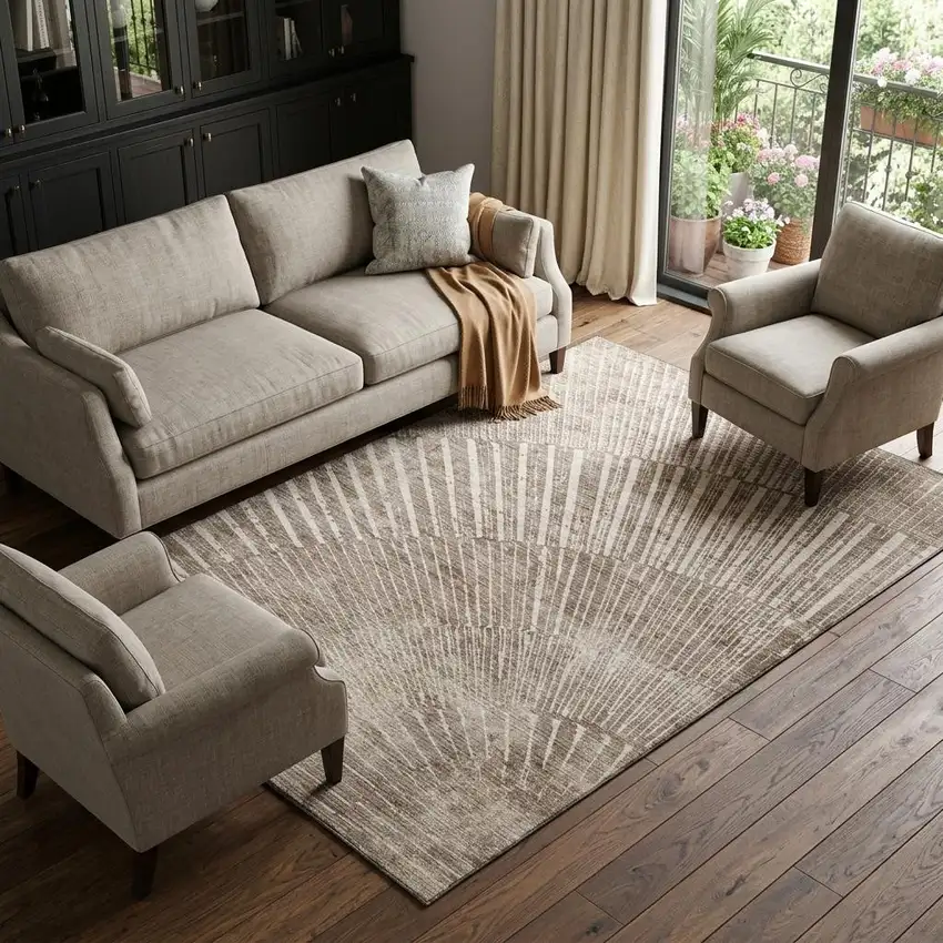 Taupe And Ivory Geometric Washable Area Rug With UV Protection Photo 1