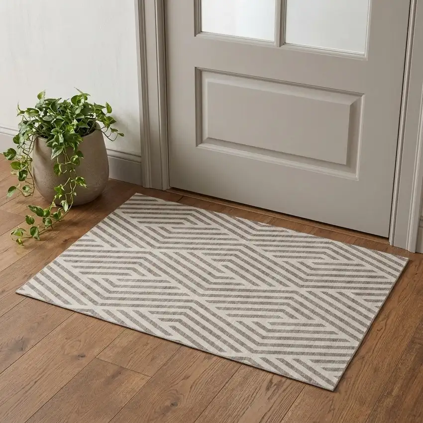 Taupe And Ivory Geometric Washable Area Rug With UV Protection Photo 1