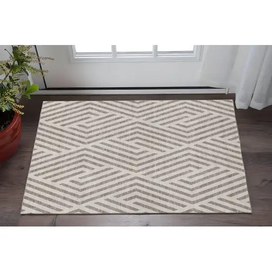 Taupe And Ivory Geometric Washable Area Rug With UV Protection Photo 2