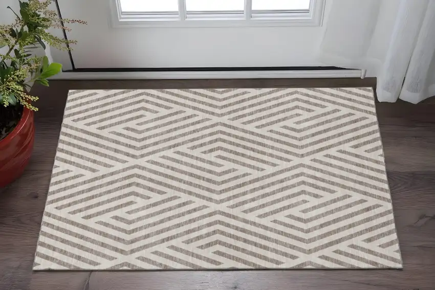 Taupe And Ivory Geometric Washable Area Rug With UV Protection Photo 2