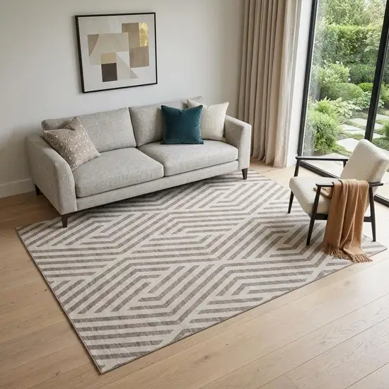 Taupe And Ivory Geometric Washable Area Rug With UV Protection Photo 1