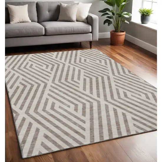 Taupe And Ivory Geometric Washable Area Rug With UV Protection Photo 2