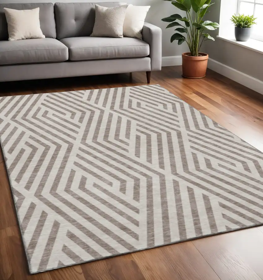Taupe And Ivory Geometric Washable Area Rug With UV Protection Photo 2