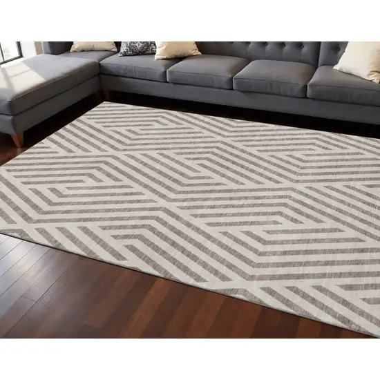 Taupe And Ivory Geometric Washable Area Rug With UV Protection Photo 2