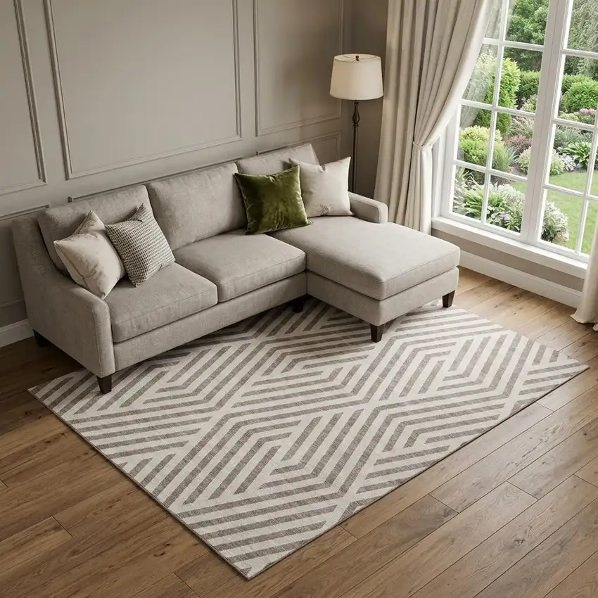 Taupe And Ivory Geometric Washable Area Rug With UV Protection Photo 1