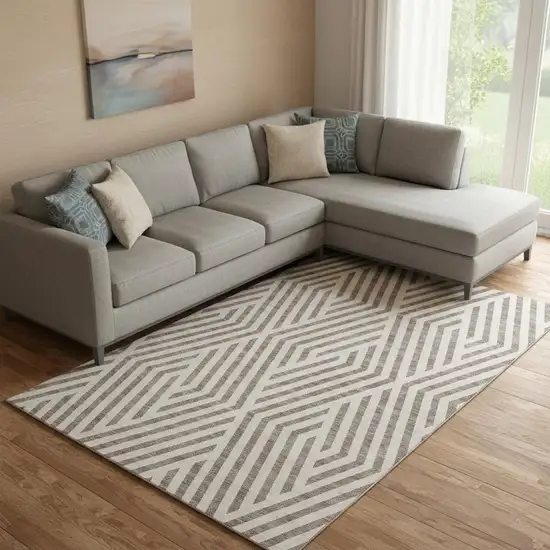 Taupe And Ivory Geometric Washable Area Rug With UV Protection Photo 1