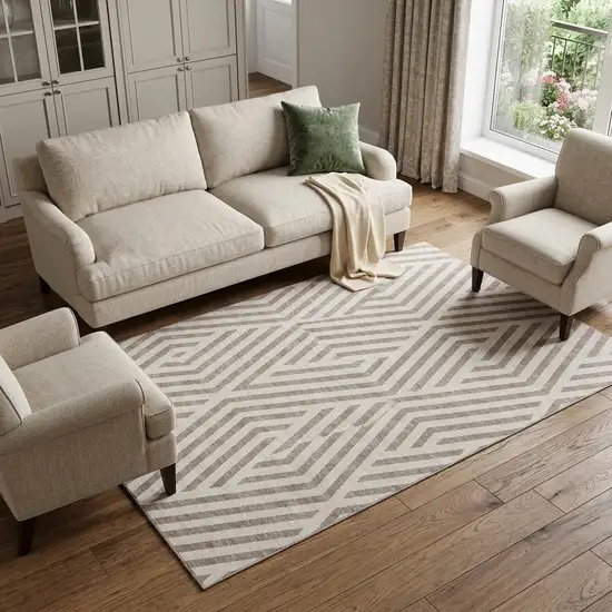 Taupe And Ivory Geometric Washable Area Rug With UV Protection Photo 1