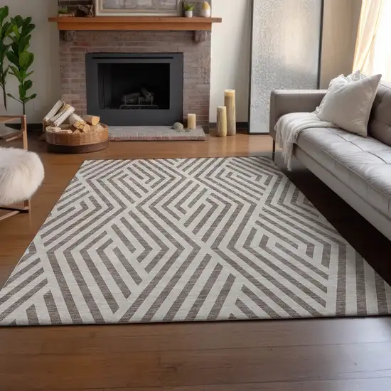 Taupe And Ivory Geometric Washable Area Rug With UV Protection Photo 3