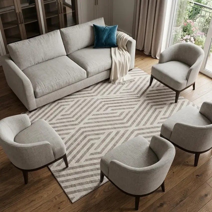 Taupe And Ivory Geometric Washable Area Rug With UV Protection Photo 1