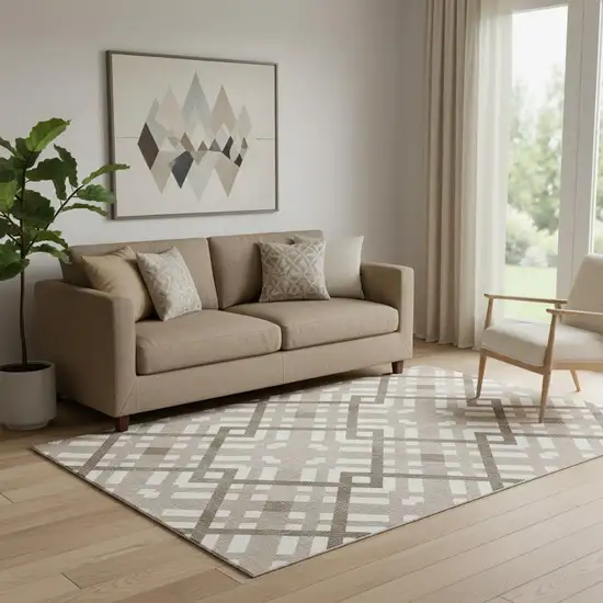 Taupe And Ivory Geometric Washable Area Rug With UV Protection Photo 1