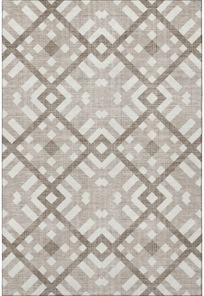 Taupe And Ivory Geometric Washable Area Rug With UV Protection Photo 3