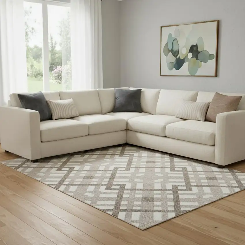 Taupe And Ivory Geometric Washable Area Rug With UV Protection Photo 1