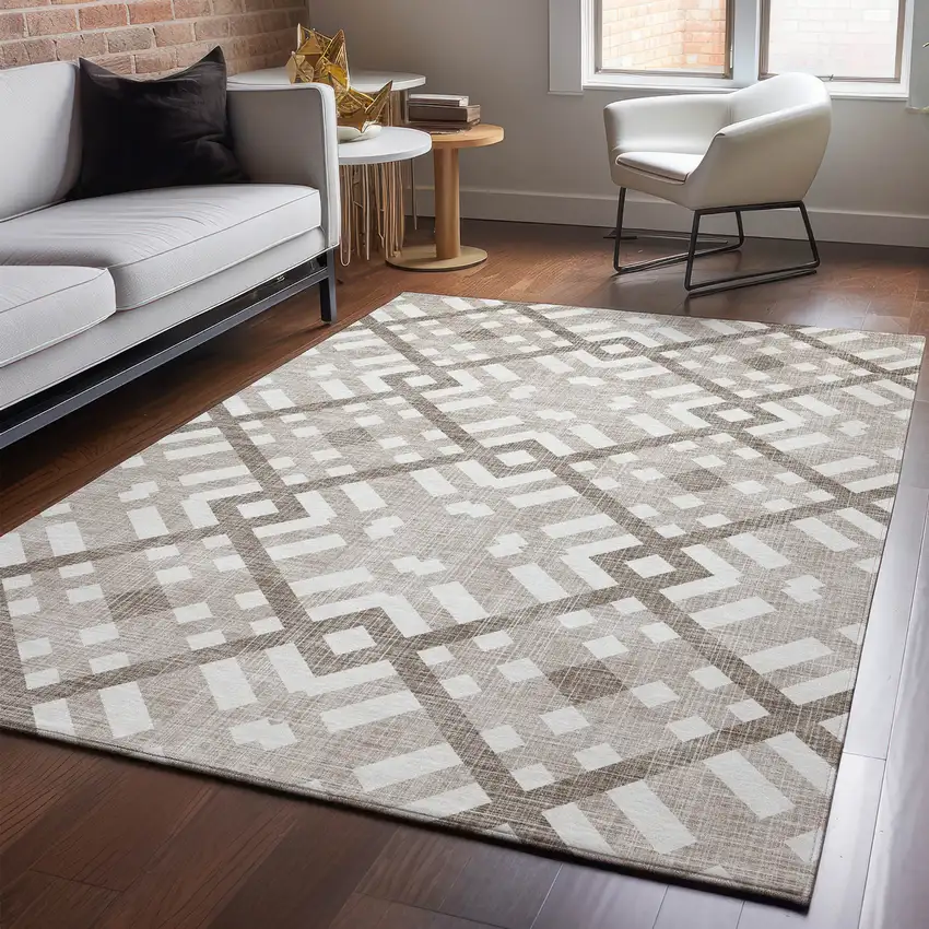 Taupe And Ivory Geometric Washable Area Rug With UV Protection Photo 4