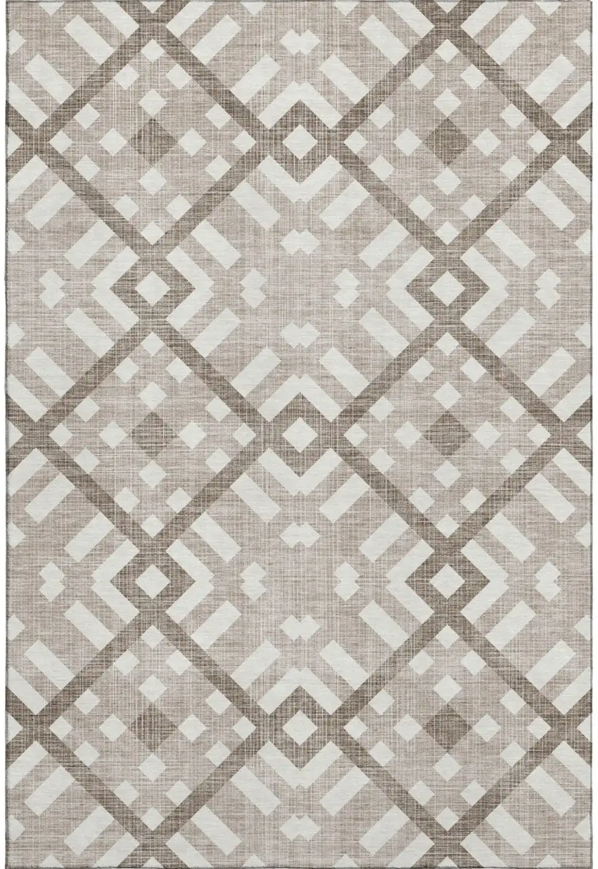 Taupe And Ivory Geometric Washable Area Rug With UV Protection Photo 1