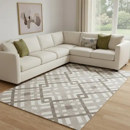 Taupe And Ivory Geometric Washable Area Rug With UV Protection Photo 1