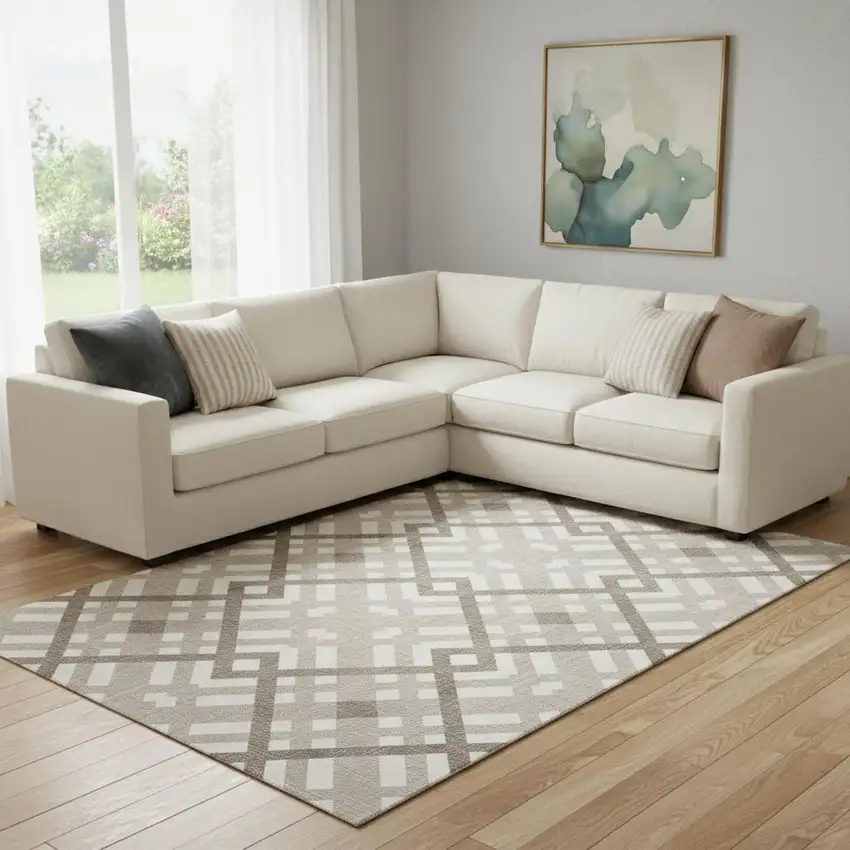 Taupe And Ivory Geometric Washable Area Rug With UV Protection Photo 1