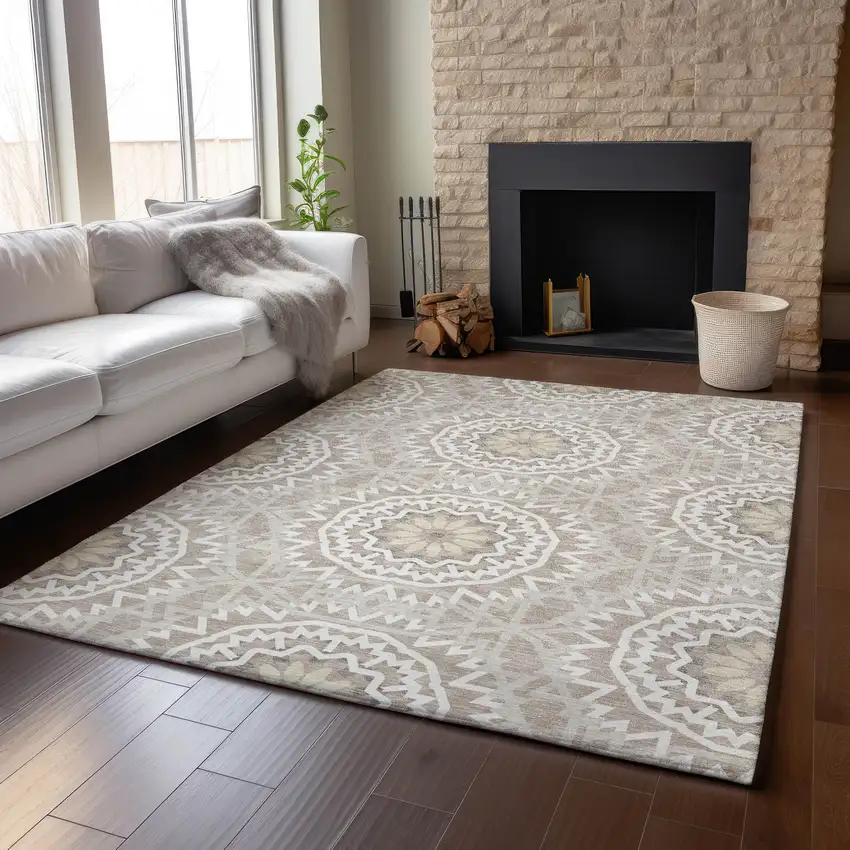 Taupe And Ivory Geometric Washable Area Rug With UV Protection Photo 5