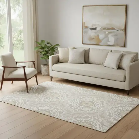 Taupe And Ivory Geometric Washable Area Rug With UV Protection Photo 1