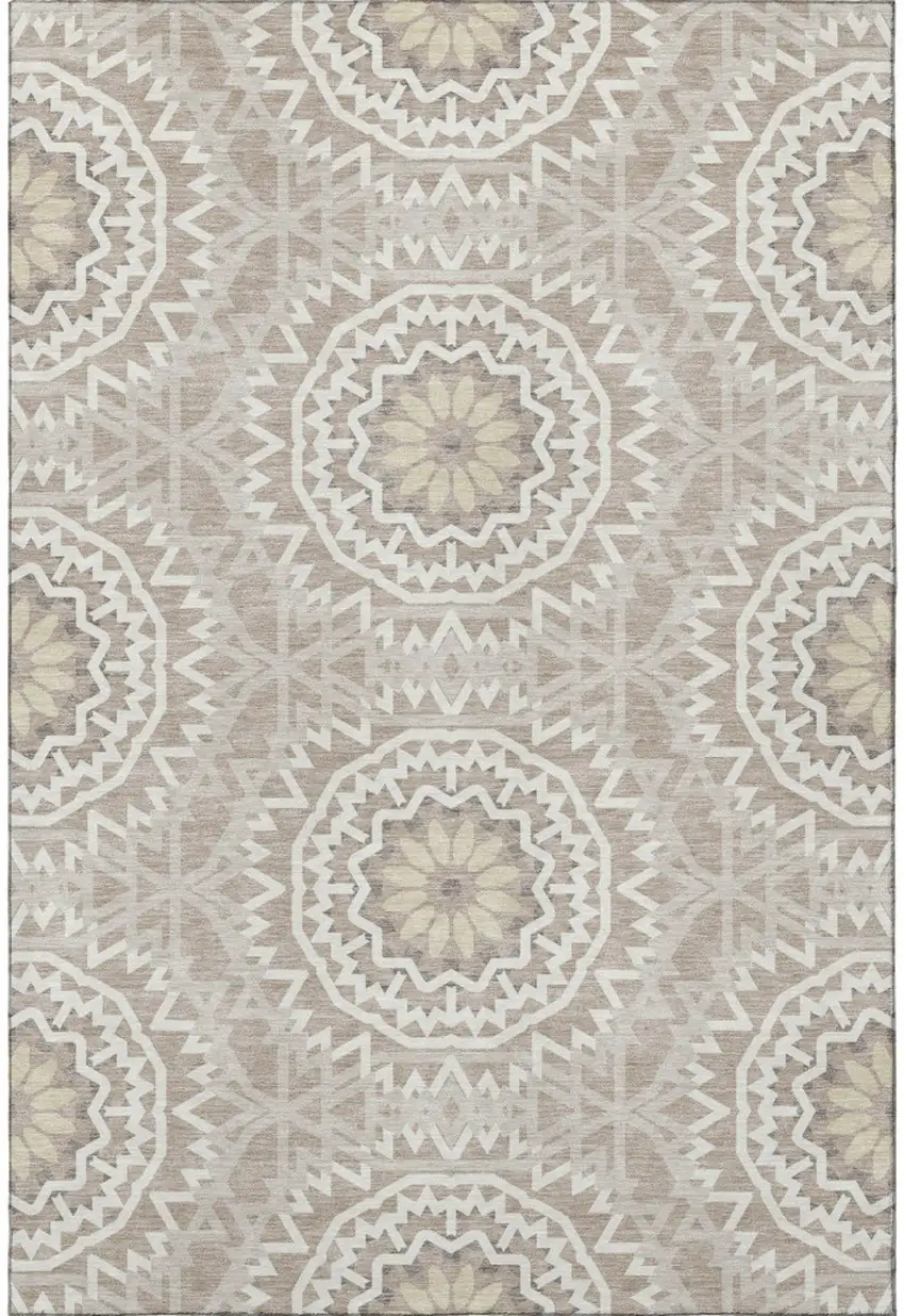 Taupe And Ivory Geometric Washable Area Rug With UV Protection Photo 3