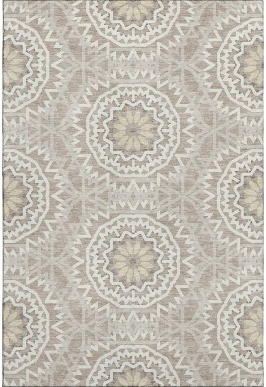 Taupe And Ivory Geometric Washable Area Rug With UV Protection Photo 1