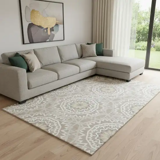 Taupe And Ivory Geometric Washable Area Rug With UV Protection Photo 1