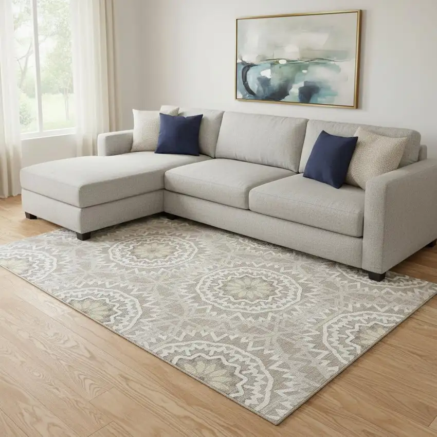 Taupe And Ivory Geometric Washable Area Rug With UV Protection Photo 1