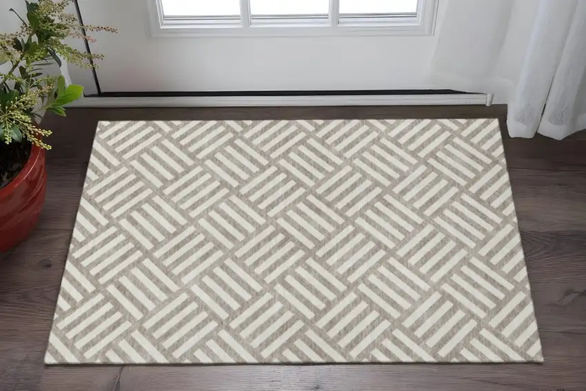 Taupe And Ivory Geometric Washable Area Rug With UV Protection Photo 2