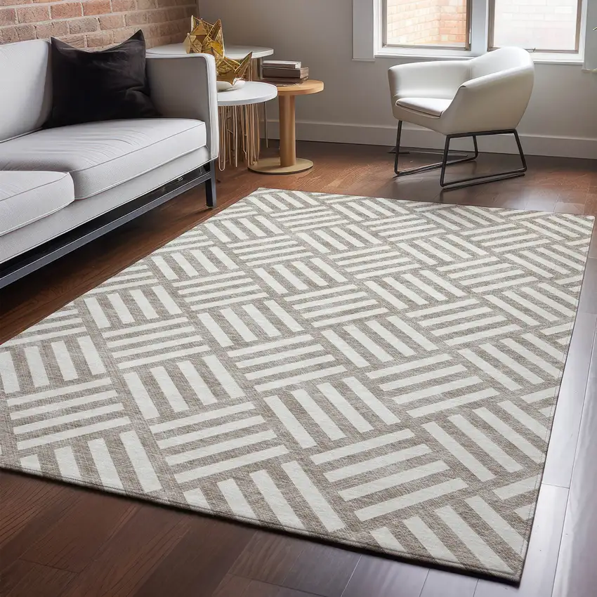 Taupe And Ivory Geometric Washable Area Rug With UV Protection Photo 4
