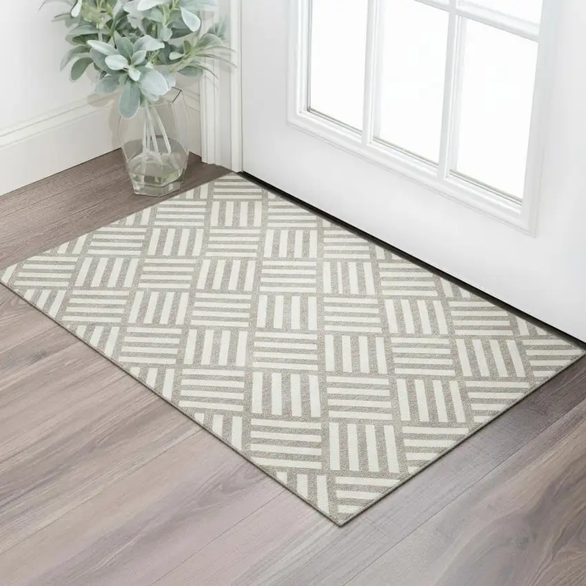 Taupe And Ivory Geometric Washable Area Rug With UV Protection Photo 1