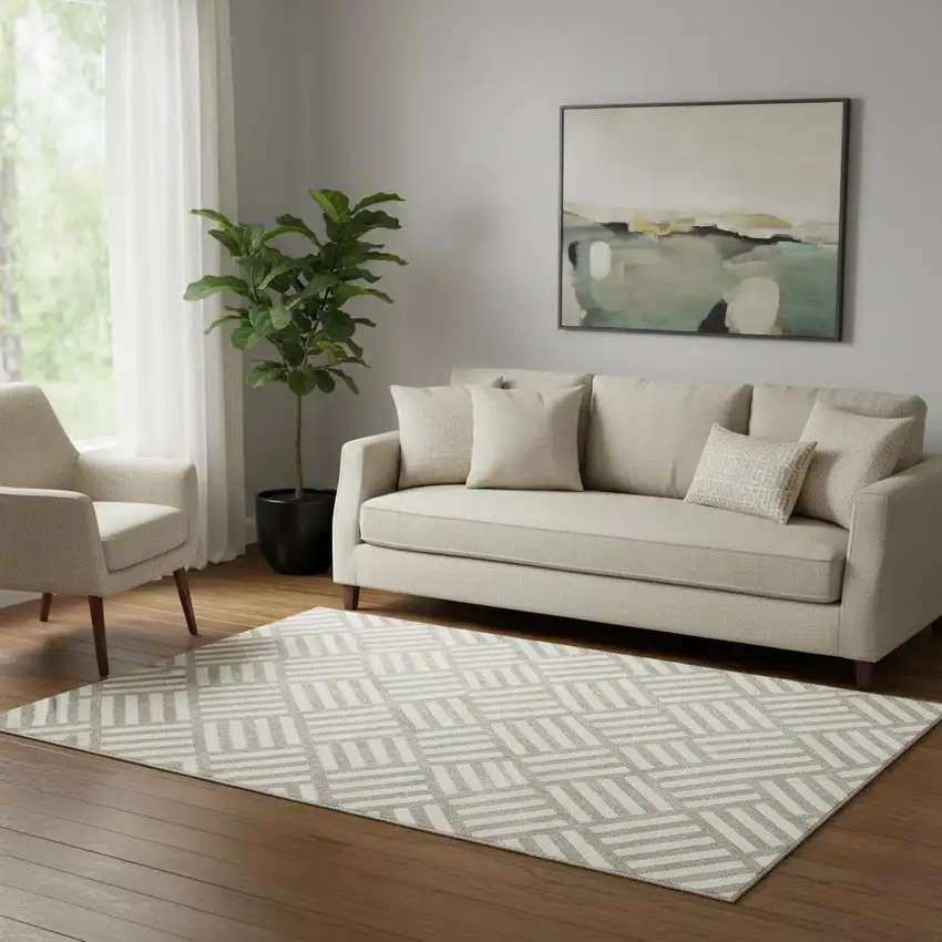 Taupe And Ivory Geometric Washable Area Rug With UV Protection Photo 1