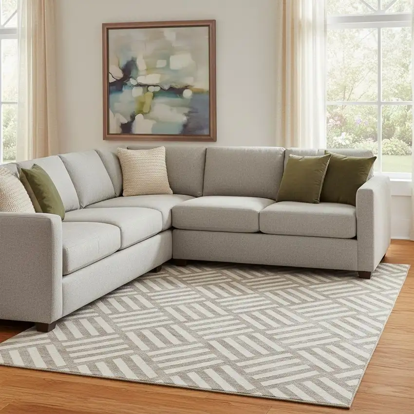 Taupe And Ivory Geometric Washable Area Rug With UV Protection Photo 1