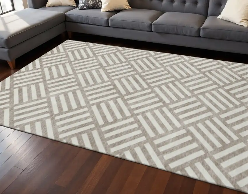 Taupe And Ivory Geometric Washable Area Rug With UV Protection Photo 2
