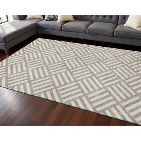 Taupe And Ivory Geometric Washable Area Rug With UV Protection Photo 2