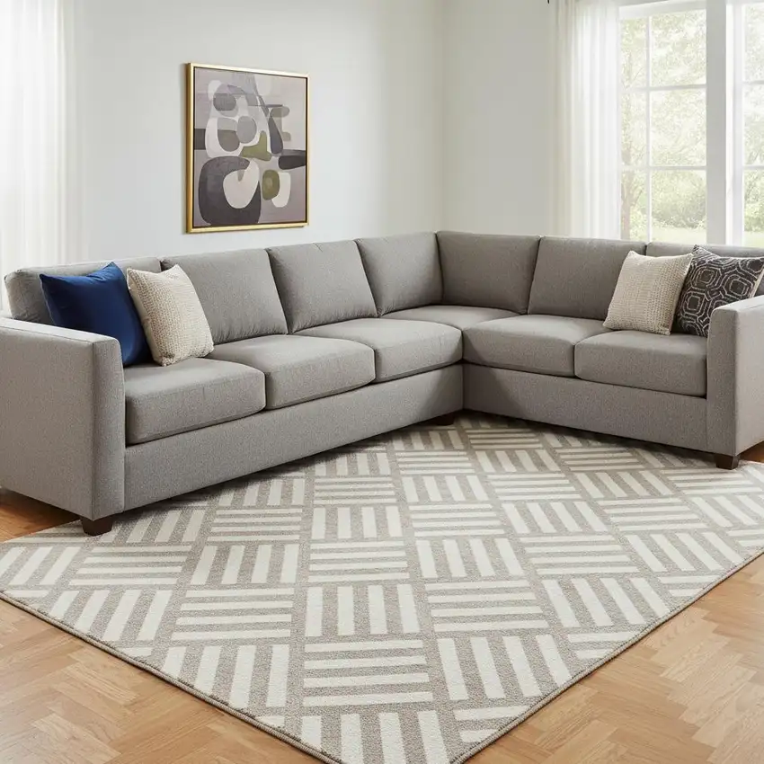 Taupe And Ivory Geometric Washable Area Rug With UV Protection Photo 1