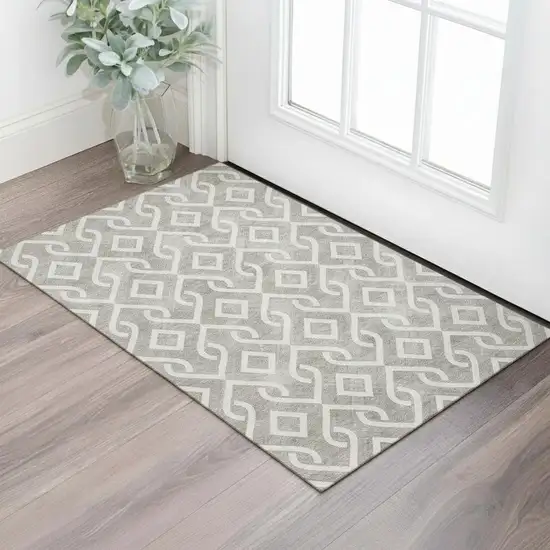 Taupe And Ivory Geometric Washable Area Rug With UV Protection Photo 1
