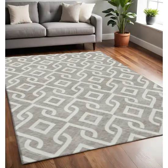 Taupe And Ivory Geometric Washable Area Rug With UV Protection Photo 2