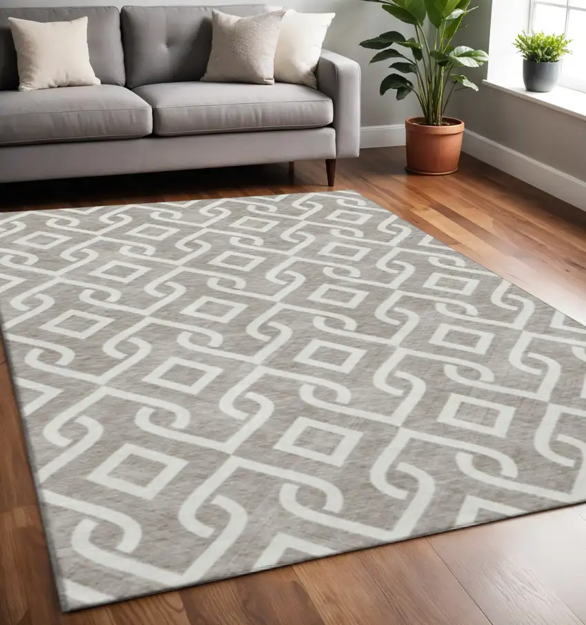 Taupe And Ivory Geometric Washable Area Rug With UV Protection Photo 2